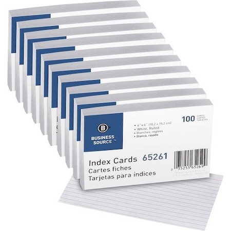 Business Source Index Cards, Ruled, 72 lb., 4inx6in, White, 10PK BSN65261BX